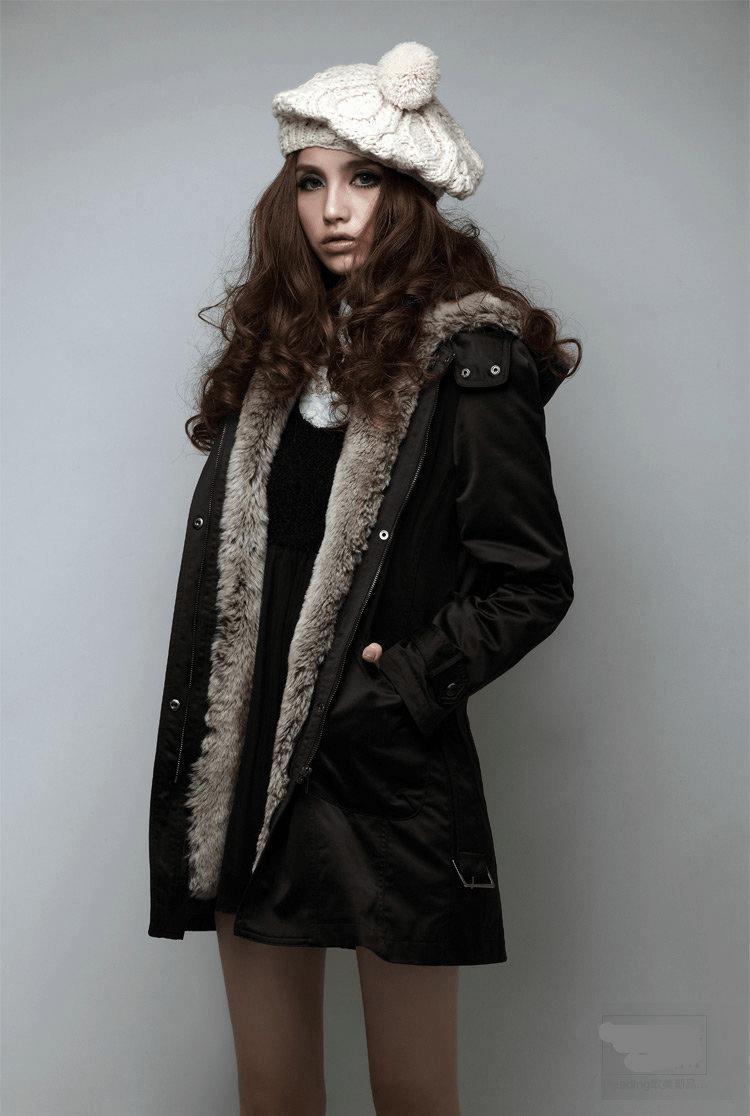Hooded Faux Artificial Fur Slim Jacket