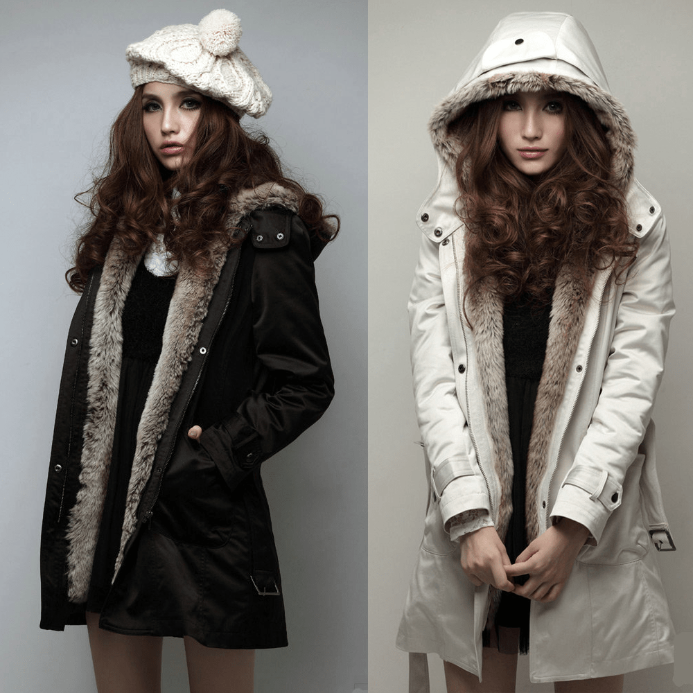 Hooded Faux Artificial Fur Slim Jacket