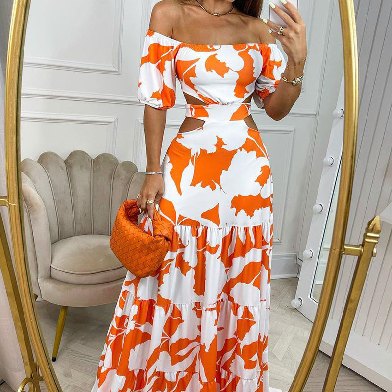 Off-the-shoulder Printed Cutout Fall Maxi Dress