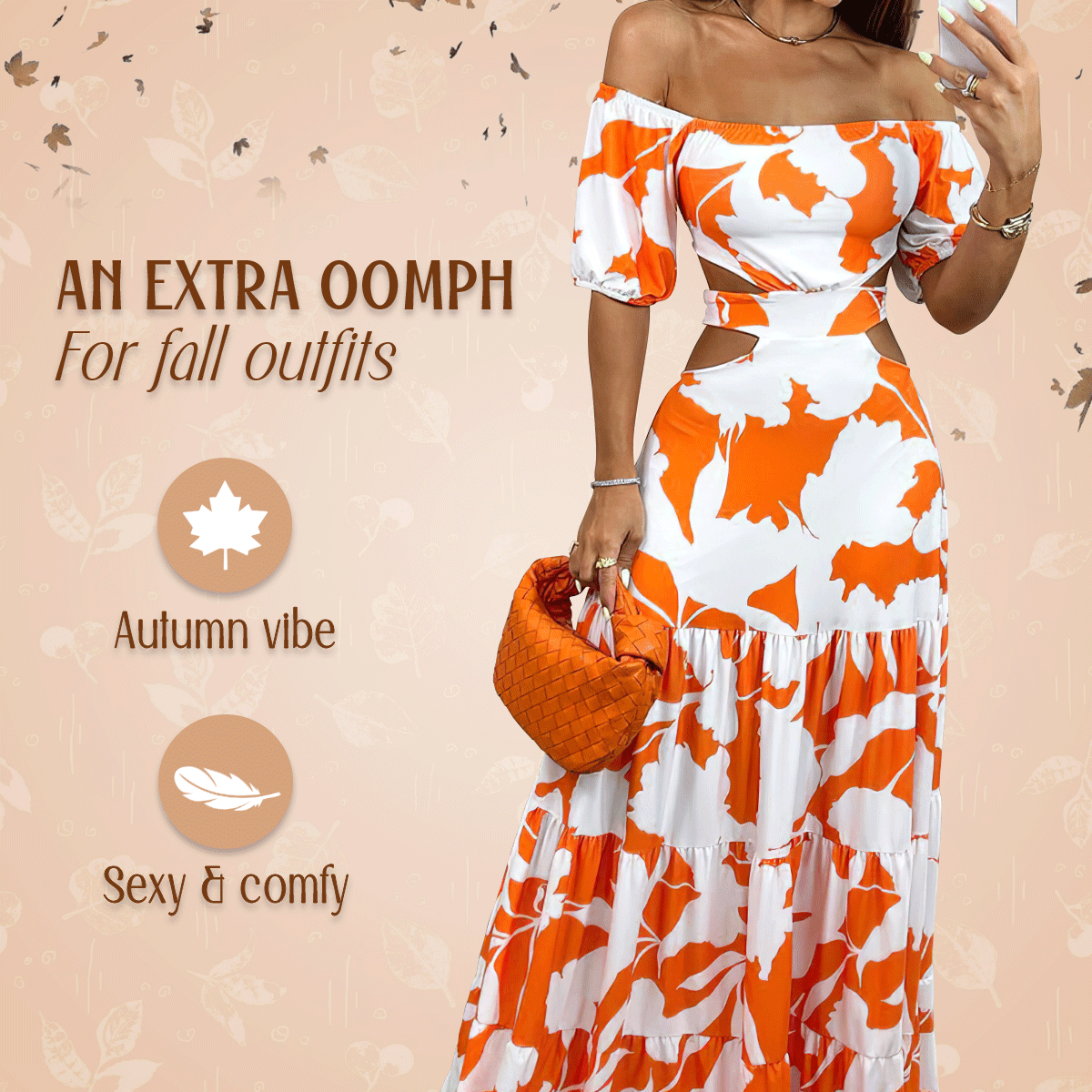 Off-the-shoulder Printed Cutout Fall Maxi Dress
