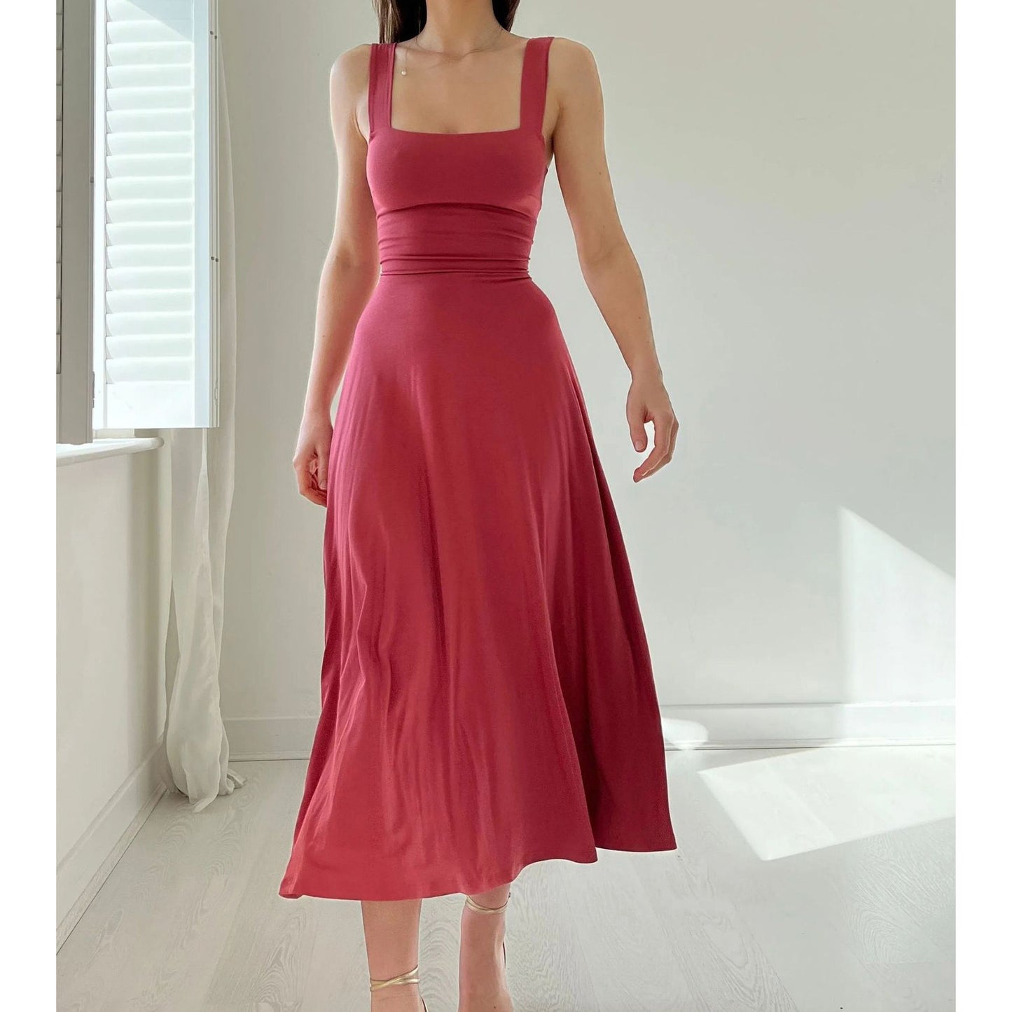 New Women's Thick Straps Midi Dress