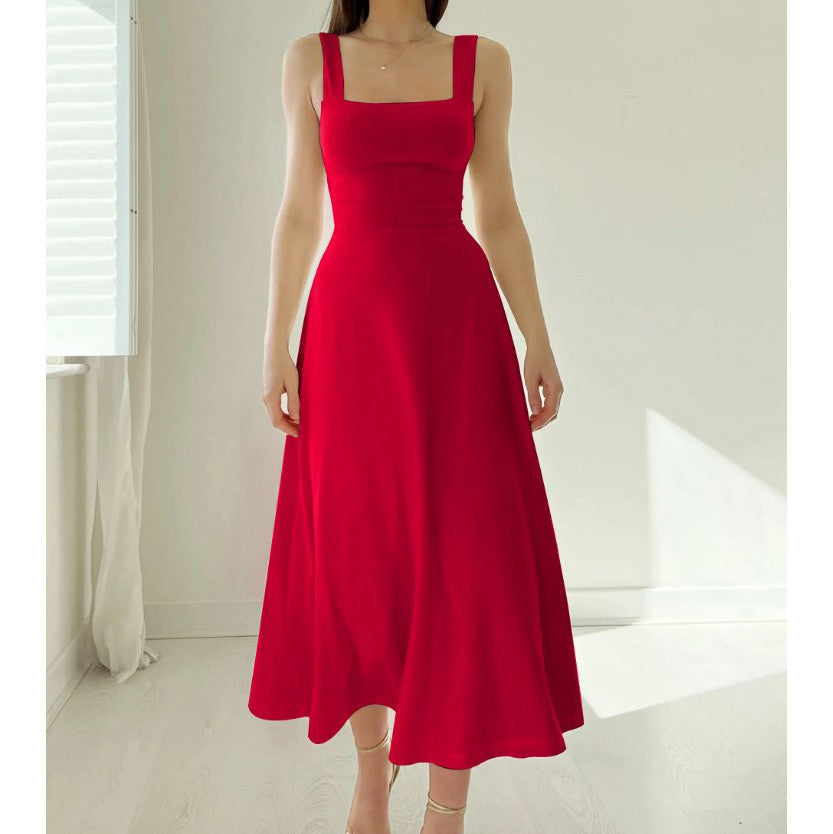 New Women's Thick Straps Midi Dress